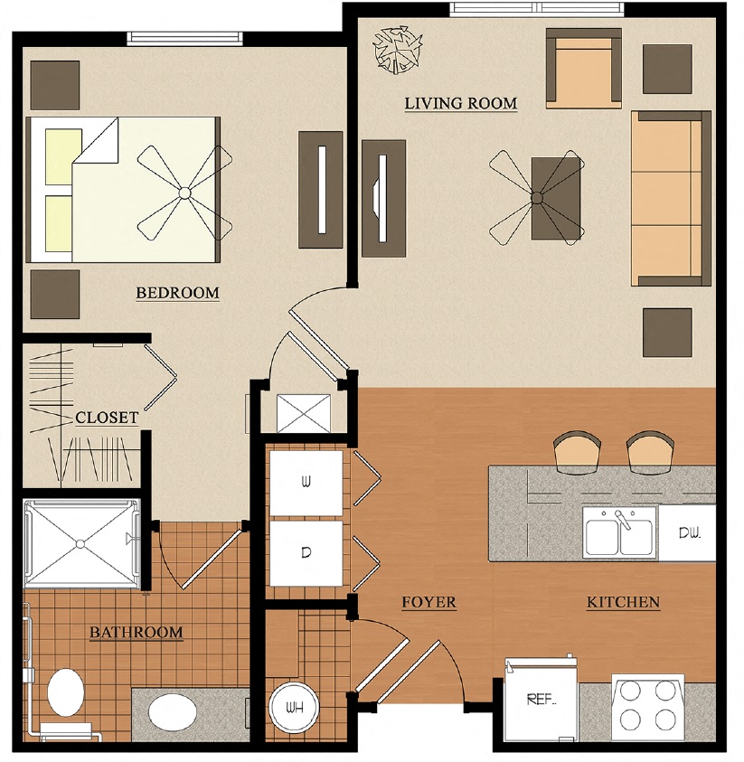Floor plan for 1 bed, 1 bath, 611 sqft